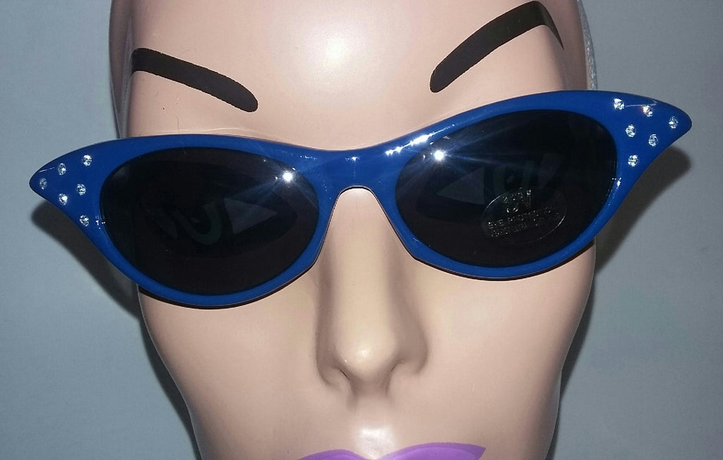 Blue 1950's Cateye Cat Eye Glasses with Rhinestones Dark Lens Sunglasses