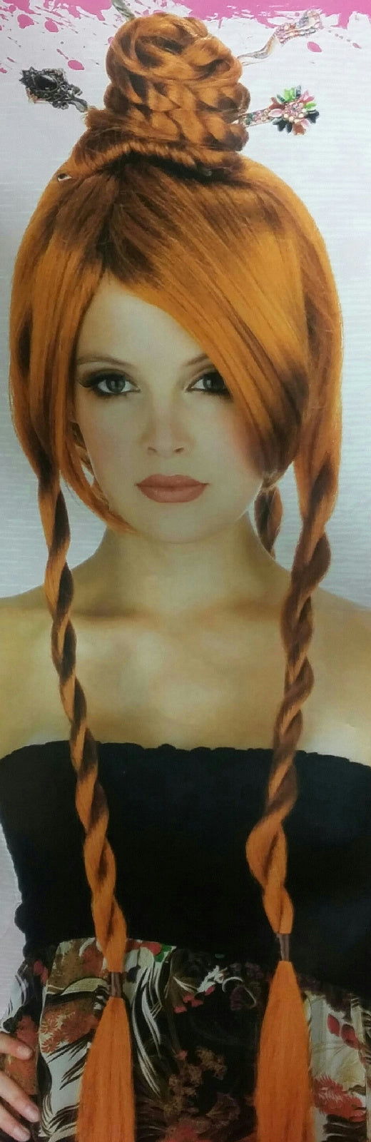 Auburn Red Power Bun With Braids Japanese Chinese Geisha Oriental Costume Wig