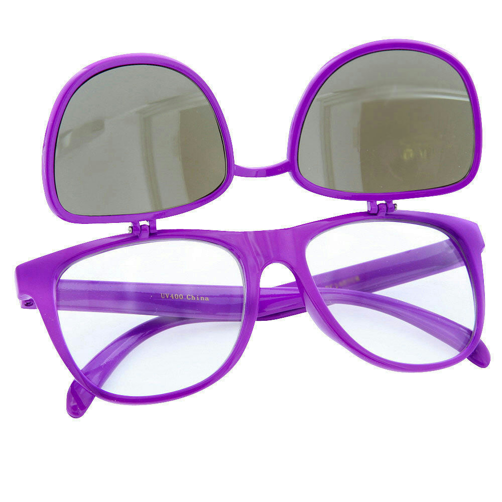 80s Purple Mirror Lens Flip Up to Clear Lens Blues Brother Glasses Eyewear