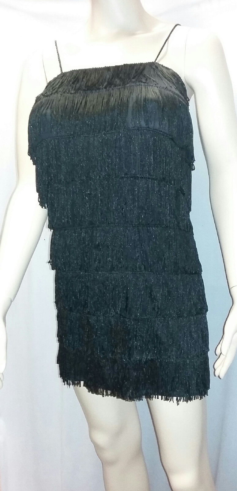 Women's Black 1920's Deluxe Flapper 8 Tiered Fringe Costume Dress Beaded Straps