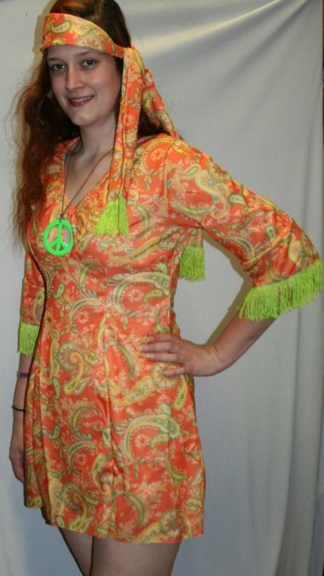 Paisley Daisy Flower Hippie Chick Adult Costume Dress and Headscarf with Fringe