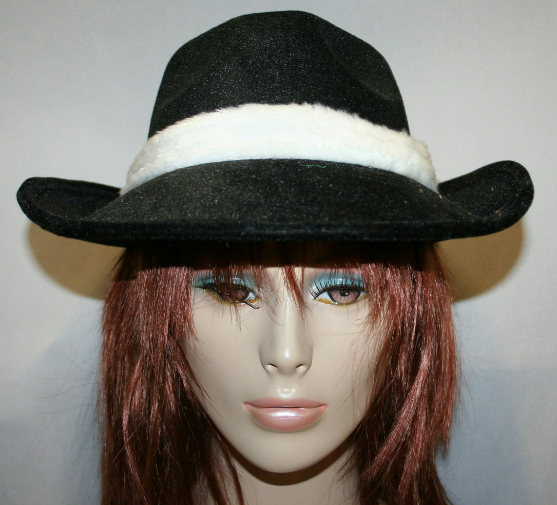 Black Flocked Fedora With White Trim and Flower Costume Hat