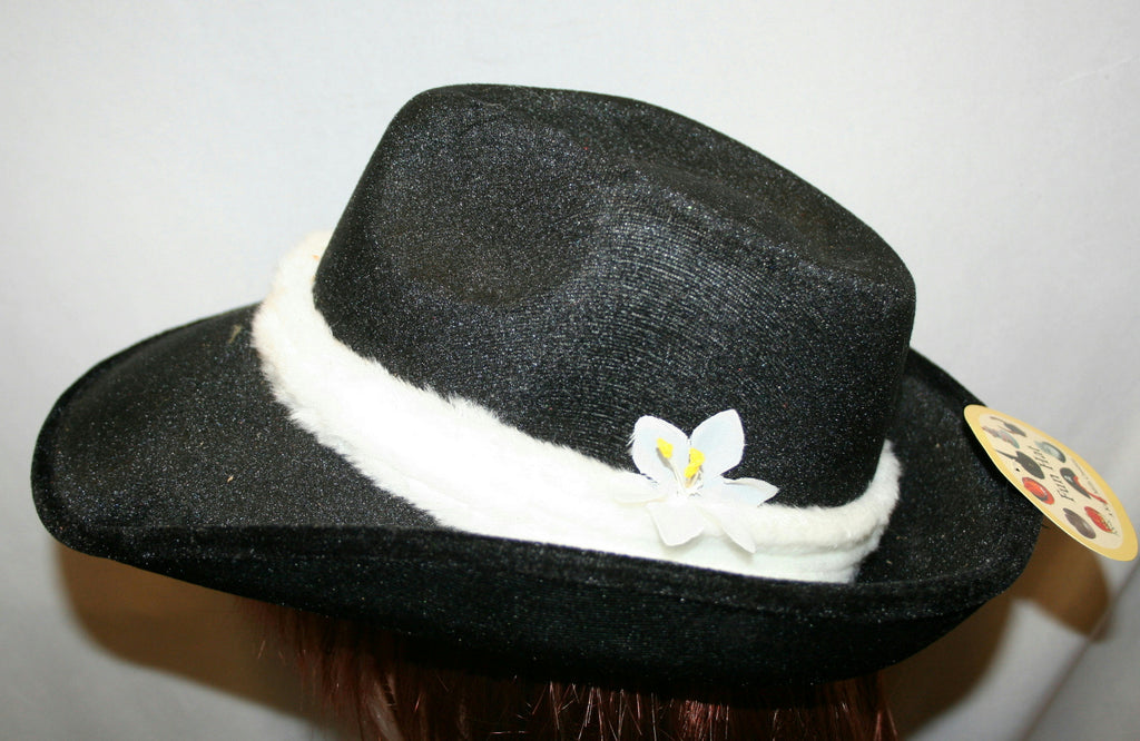 Black Flocked Fedora With White Trim and Flower Costume Hat
