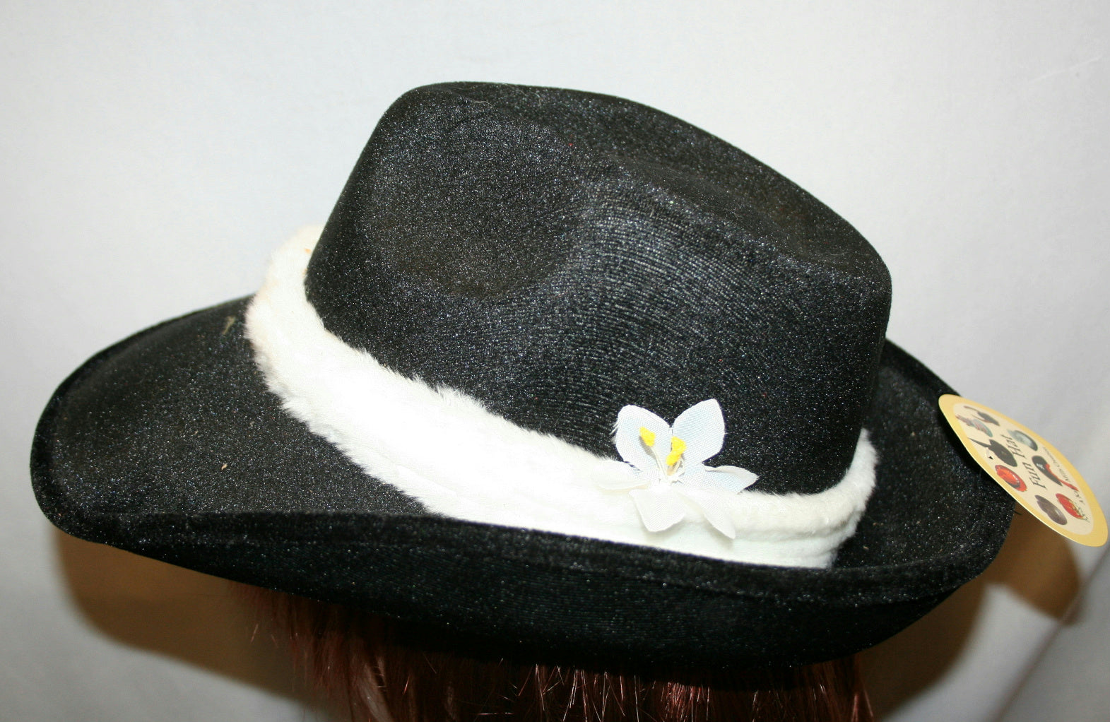 Black Flocked Fedora With White Trim and Flower Costume Hat