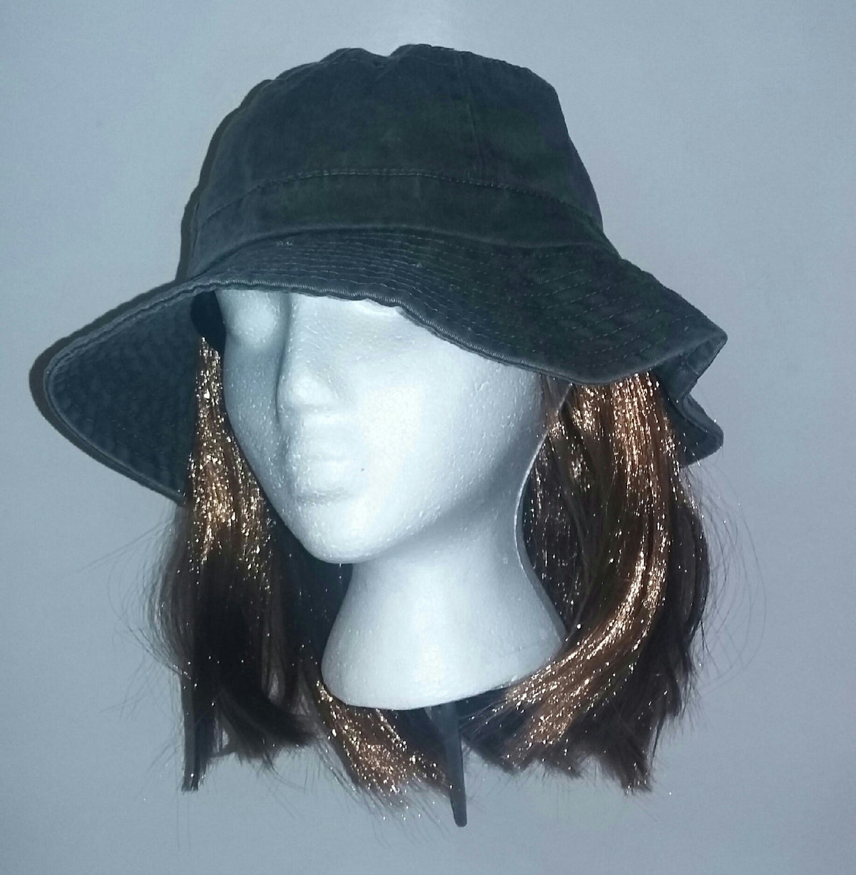 Washed Denim Cotton Bucket Hat With Attached Light Brown Hair