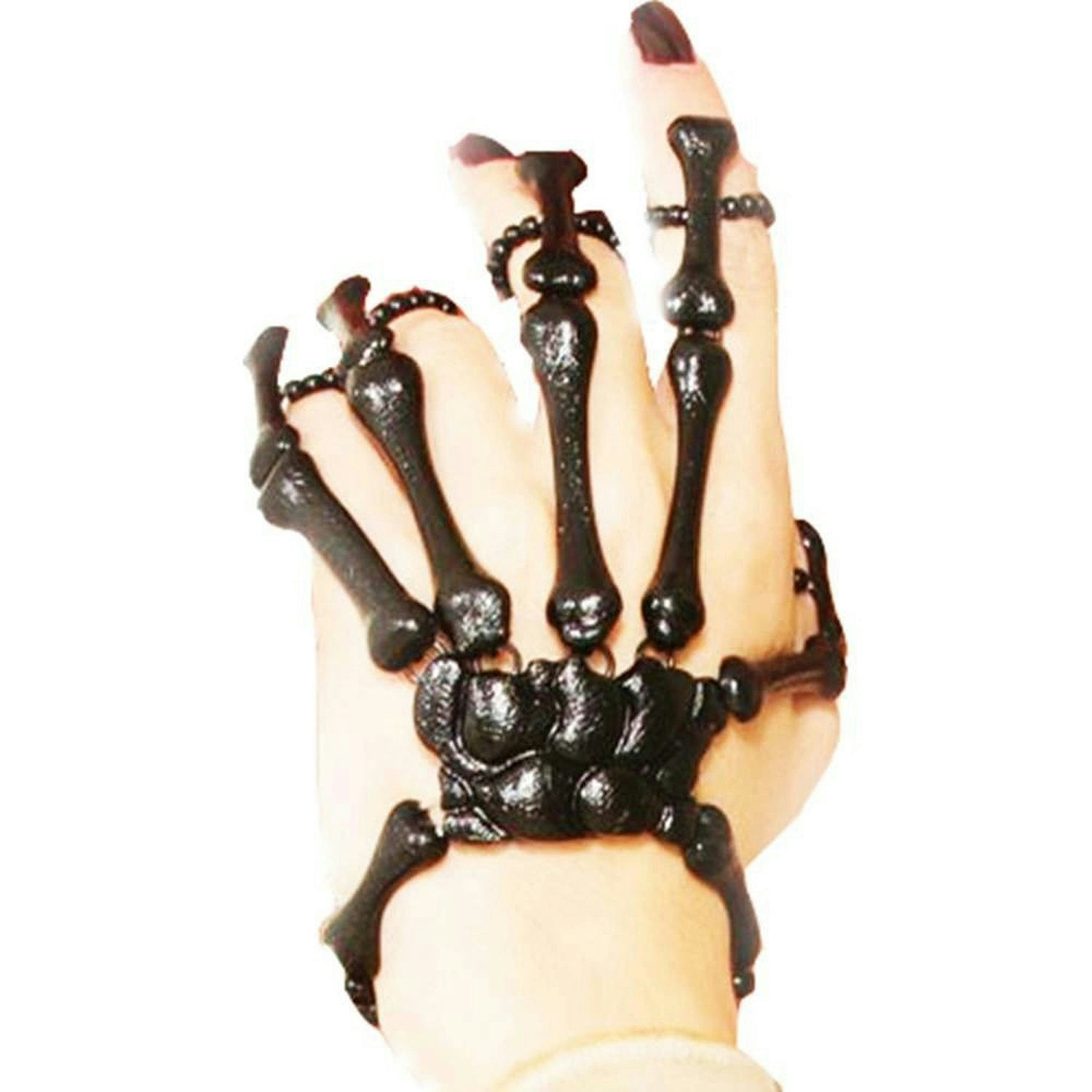 Scary Goth Black Skeleton Hand Jewelry Costume 5 Finger Wrist Bracelet