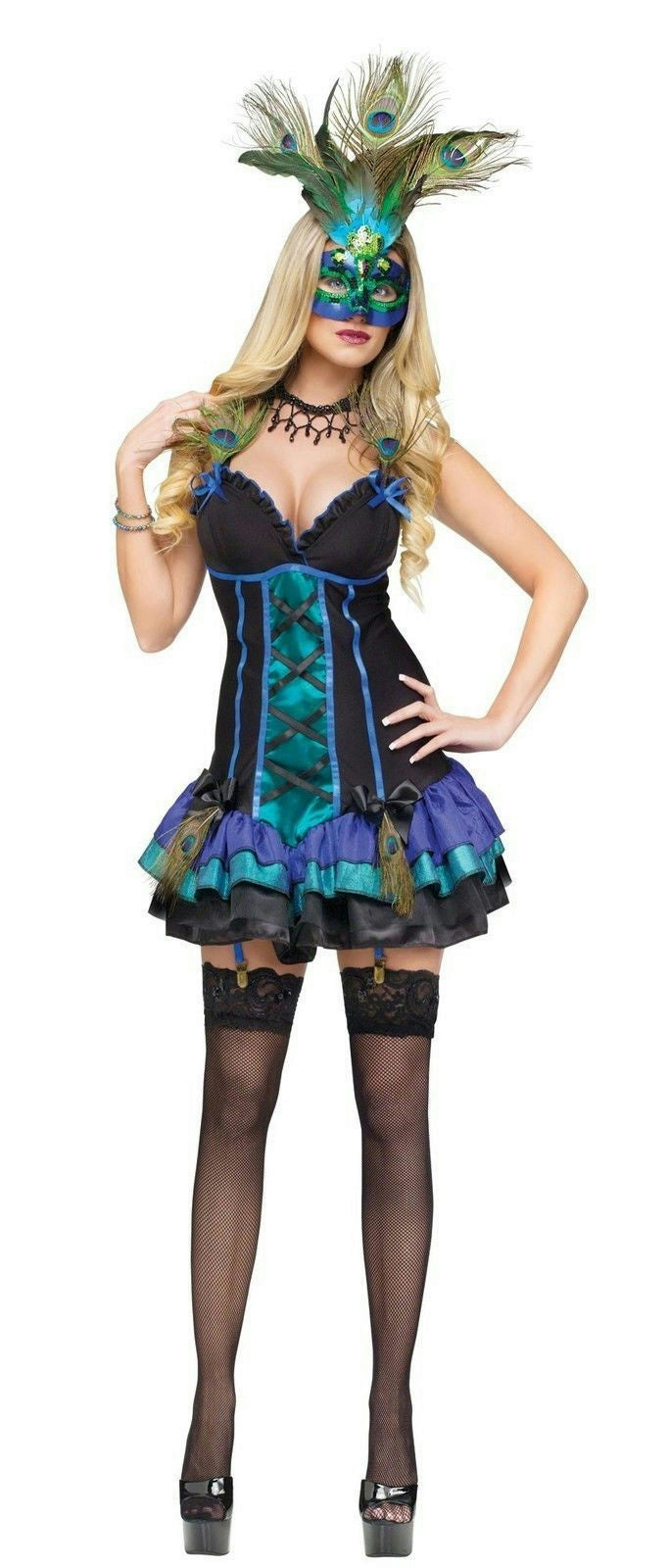 Fun World Women's Sexy Midnight Peacock Adult Costume Dress and Mask Size XS 2-4