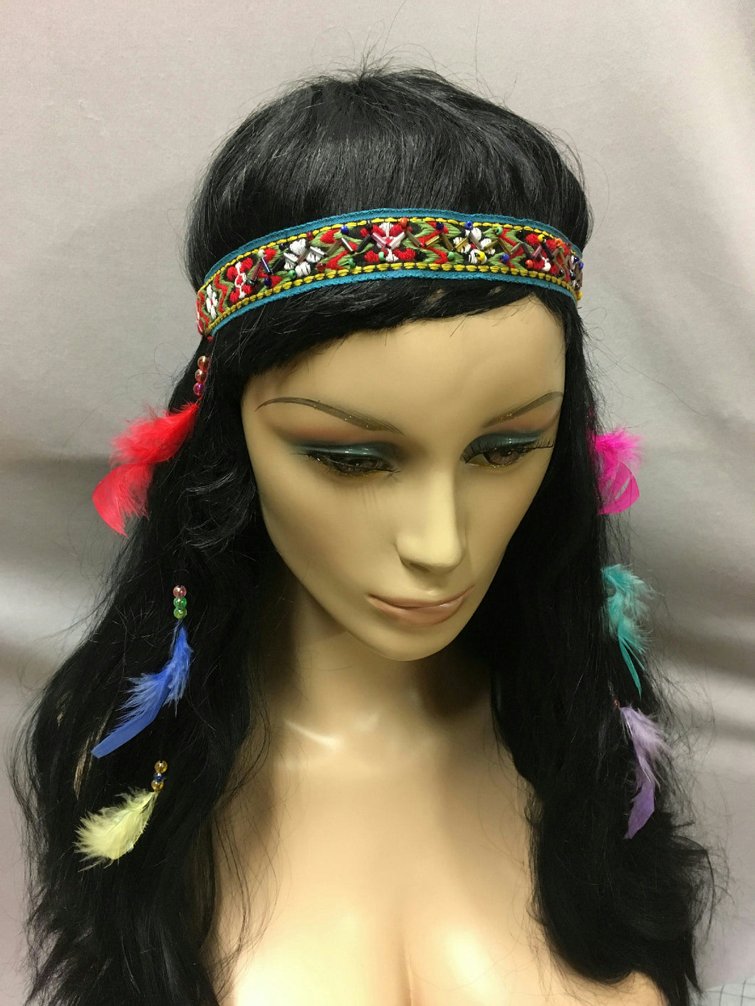 Multi-Colored Beaded Embroiderd Stretch Hippie Indian Headband Dangling Feathers