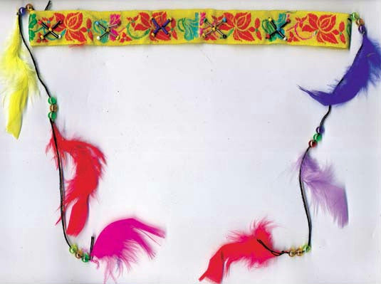 Multi-Colored Beaded Embroiderd Stretch Hippie Indian Headband Dangling Feathers