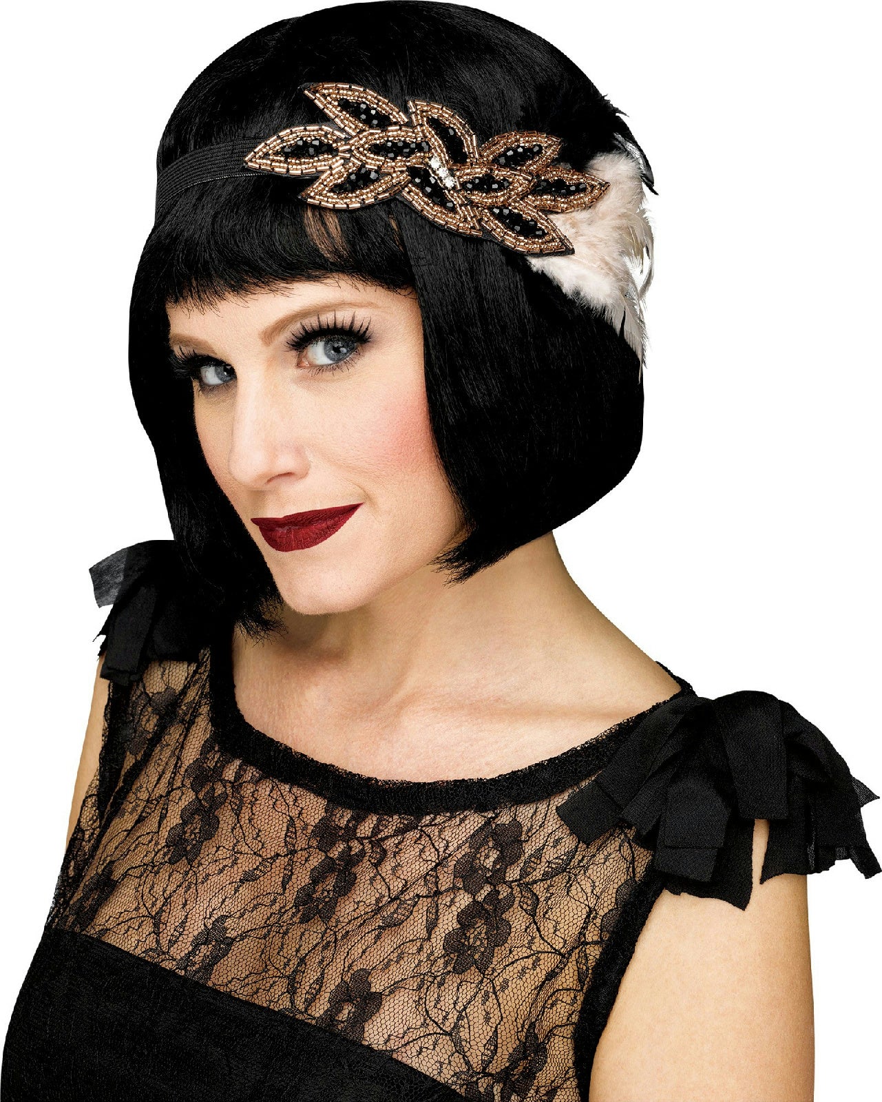 Fun World Fancy Gorgeous Black Champagne 1920's Beaded Feather Flapper Headband