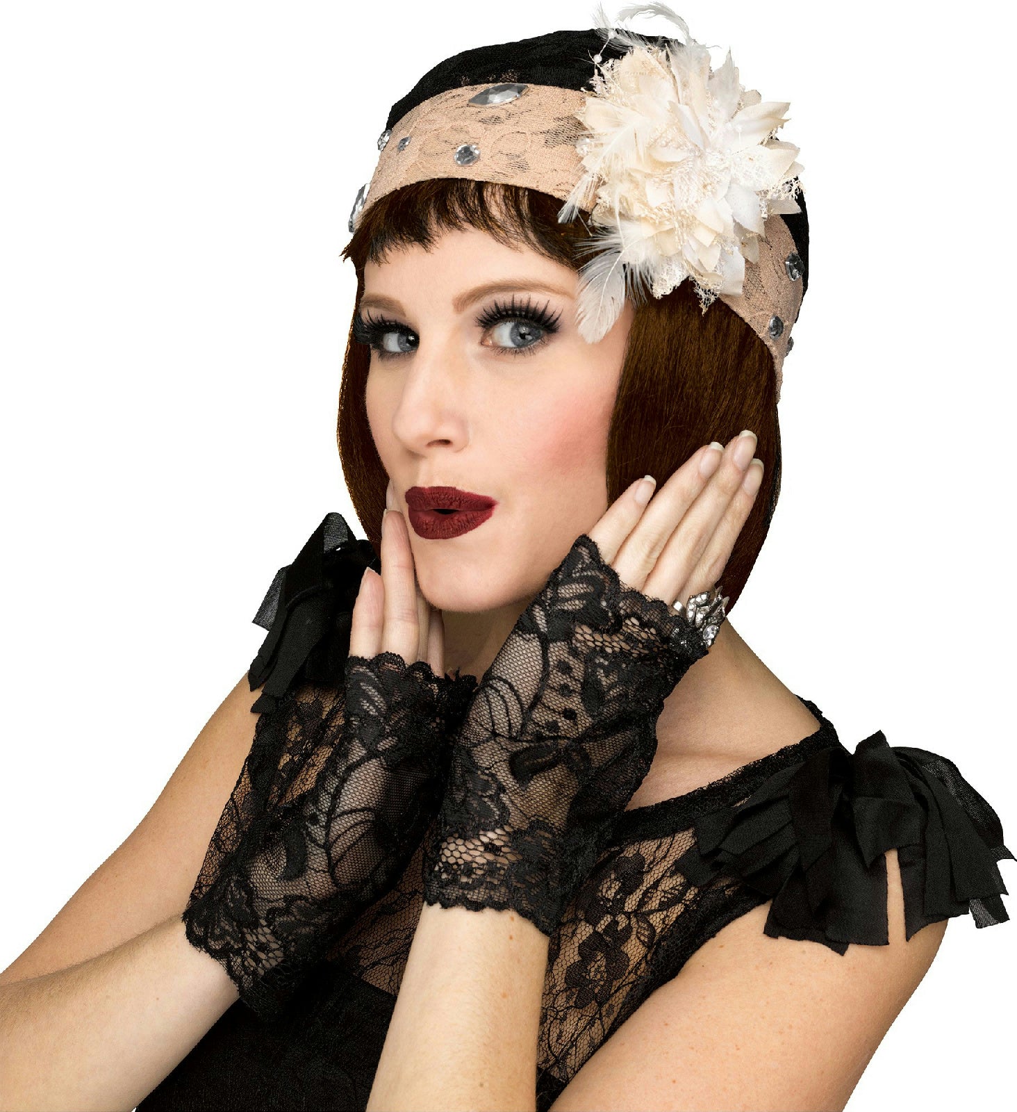 Fancy Gorgeous Champagne 1920's Flapper Lace Cap Cloche Hat and Black Mitts