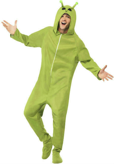 Smiffys Men's Green Alien Adult Footed Costume Jumpsuit with Hood Size Large