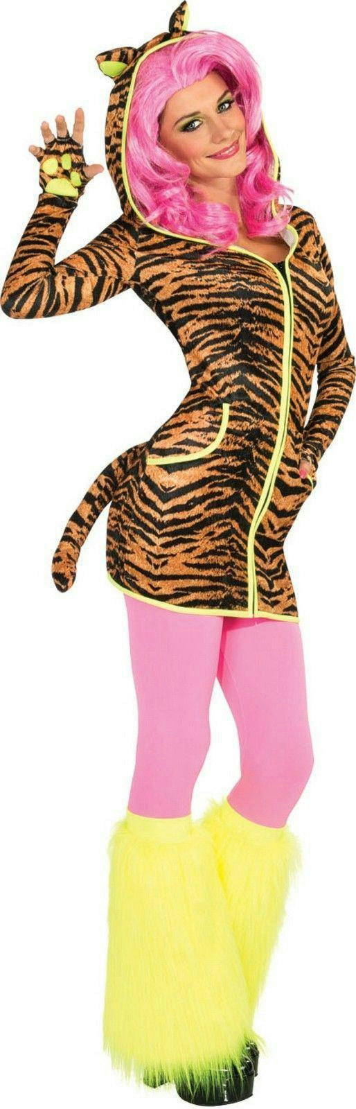Women's Sexy Bright Tiger Hoodie Dress With Tail Ears Paws Adult Costume Small
