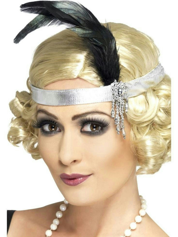 Silver Satin Charleston Flapper Headband with Feather and Jewel