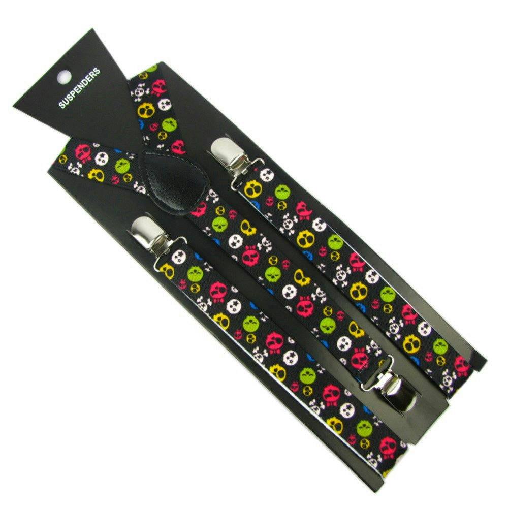 Adjustable Black with Neon Skull Print Suspenders