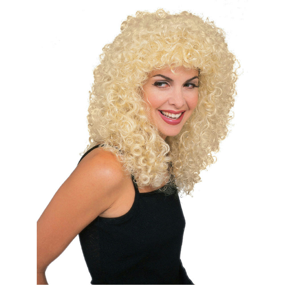 Long Blonde Tight Curly Wet Look Deluxe 80s Rock Star Adult Unisex Costume Wig