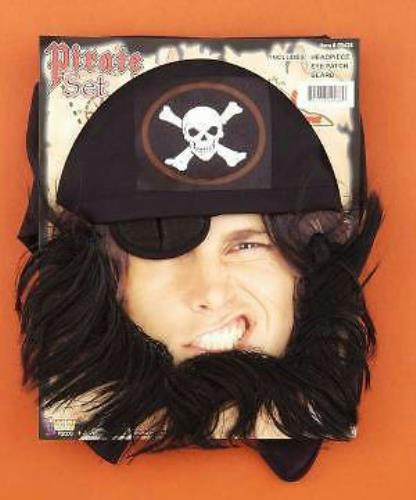 Pirate Eye Patch Beard and Bandanna Headpiece Costume Set Accessory Kit