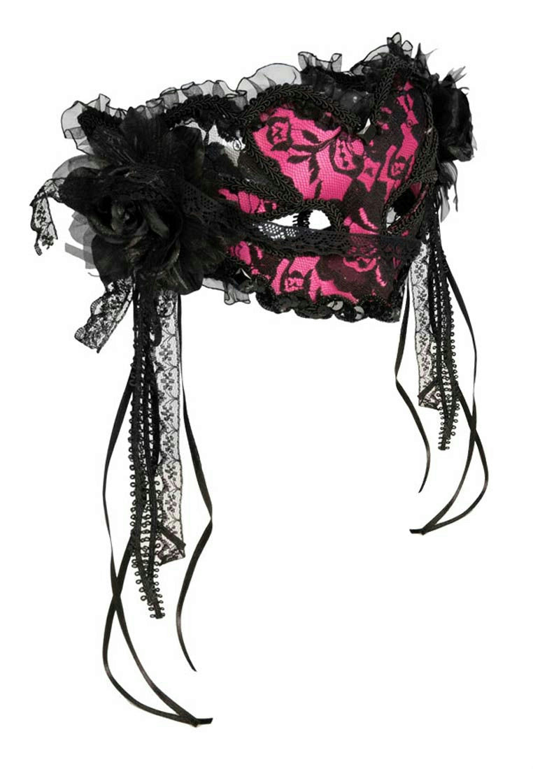 Fancy Pink and Black Lace Venetian Mask with Rosette and Satin Ribbon Streamers