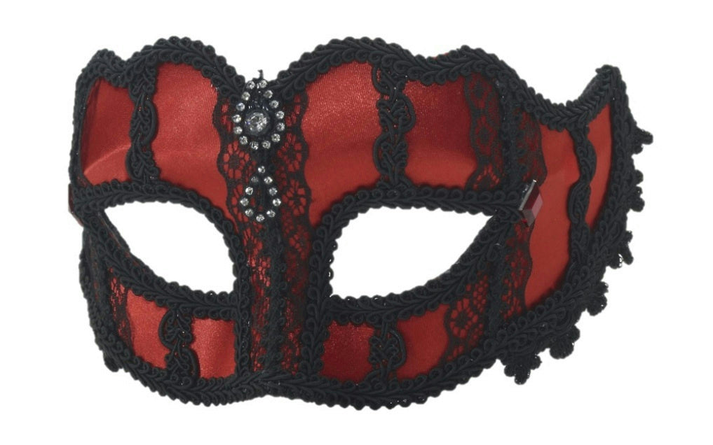 Womens Red and Black Lace Rhinestone Venetian Half Mask with Sunglass Arms