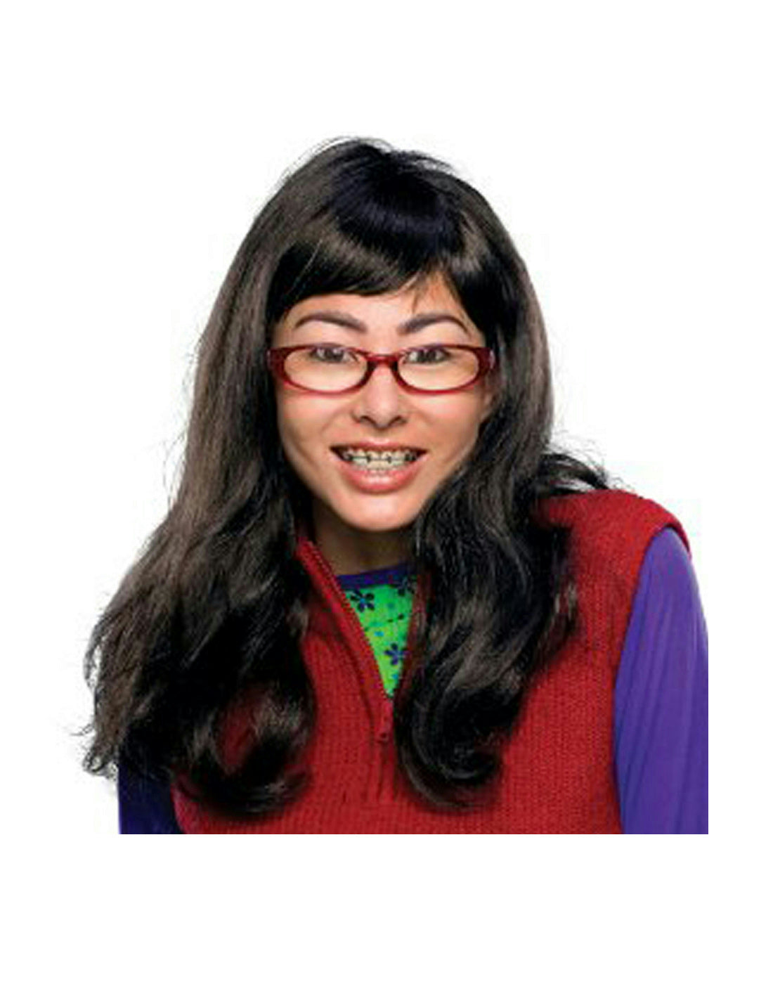 I'm Beautiful Ugly Betty Long Brown Wig Glasses Teeth with Braces Accessory Kit
