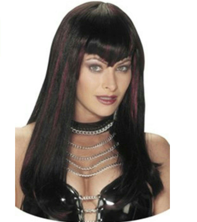Black and Burgundy Hot Streak Sexy Vampire Dominatrix Long Sleek Wig with Bangs