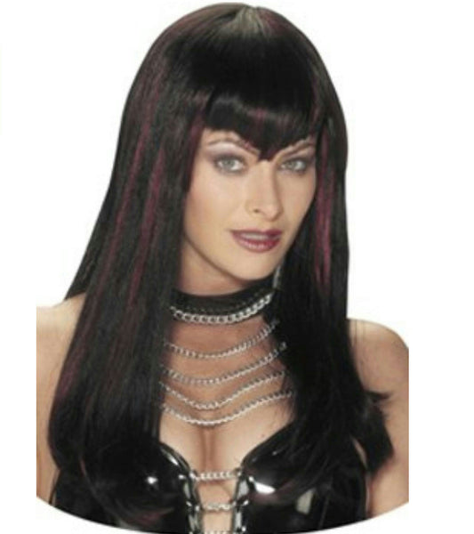 Black and Burgundy Hot Streak Vampire Dominatrix Long Sleek Wig with Bangs
