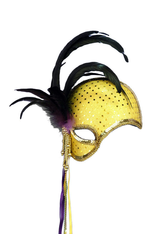 Gold Sequin Mystique Venetian Masquerade Mardi Gras Mask with Feathers