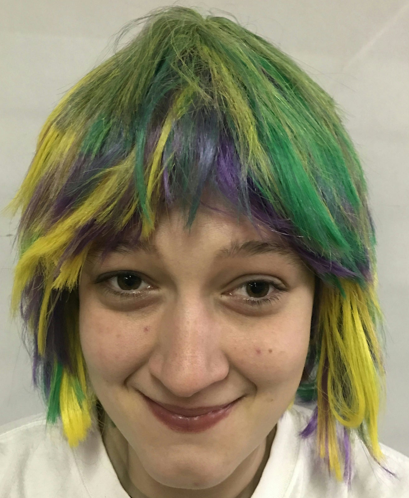 Mardi Gras Choppy Yellow Green Purple Layered Fat Tuesday Party Wig