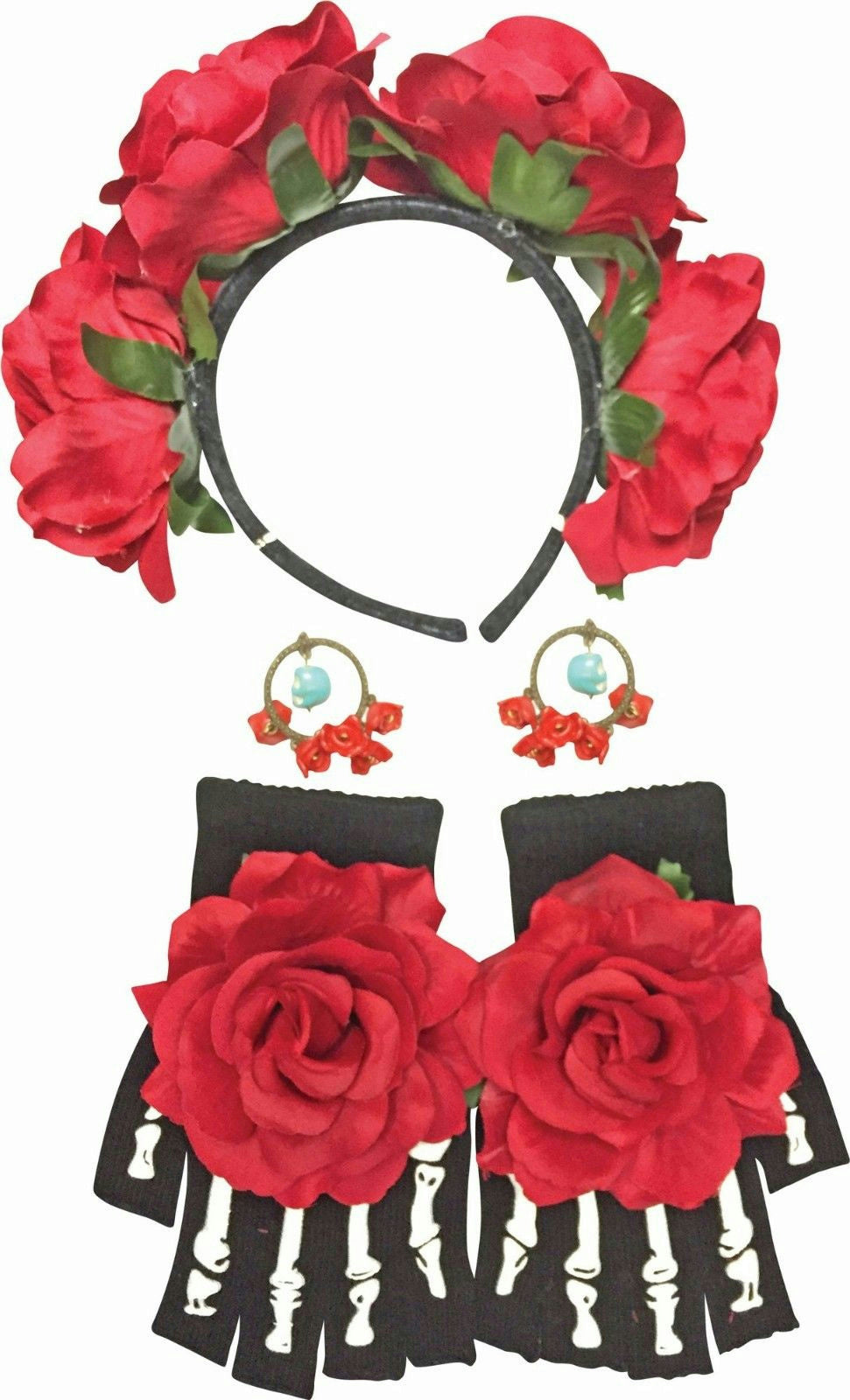 Day of The Dead Female Kit Costume Accessory Floral Headband Gloves Earrings