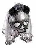 Women's Ghostly Spirit Skull Half Mask with Black and Gray Flowers and Lace Veil