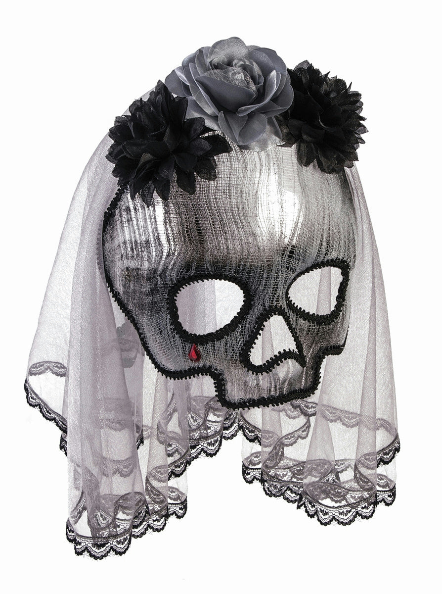 Women's Ghostly Spirit Skull Half Mask with Black and Gray Flowers and Lace Veil