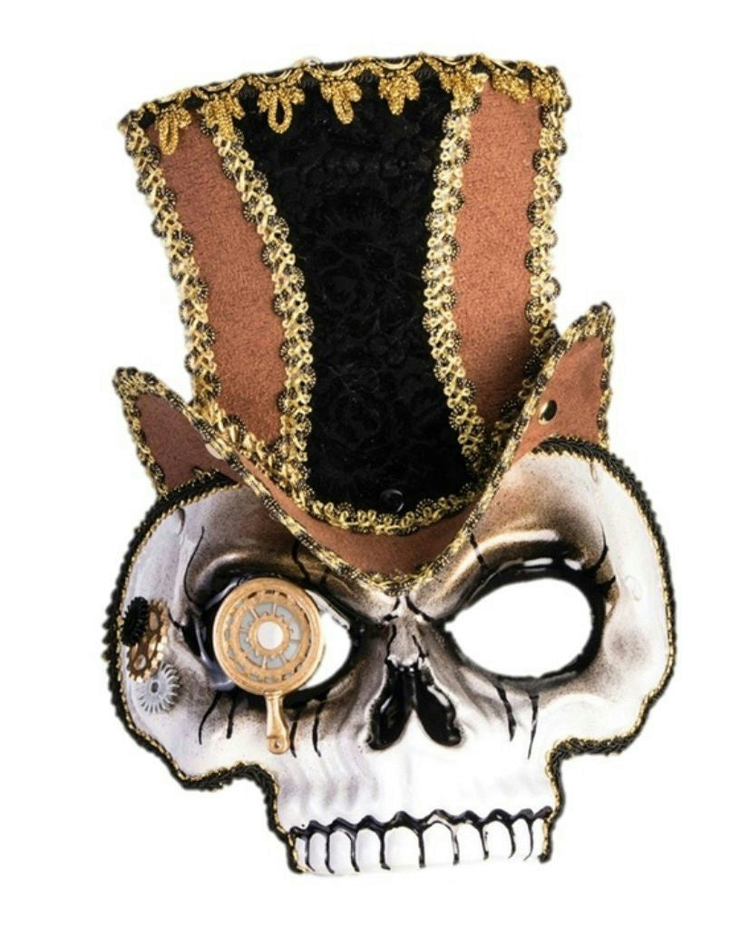 Sir Steampunk Skull Venetian Style Mask Brown Hat Victorian Costume Accessory