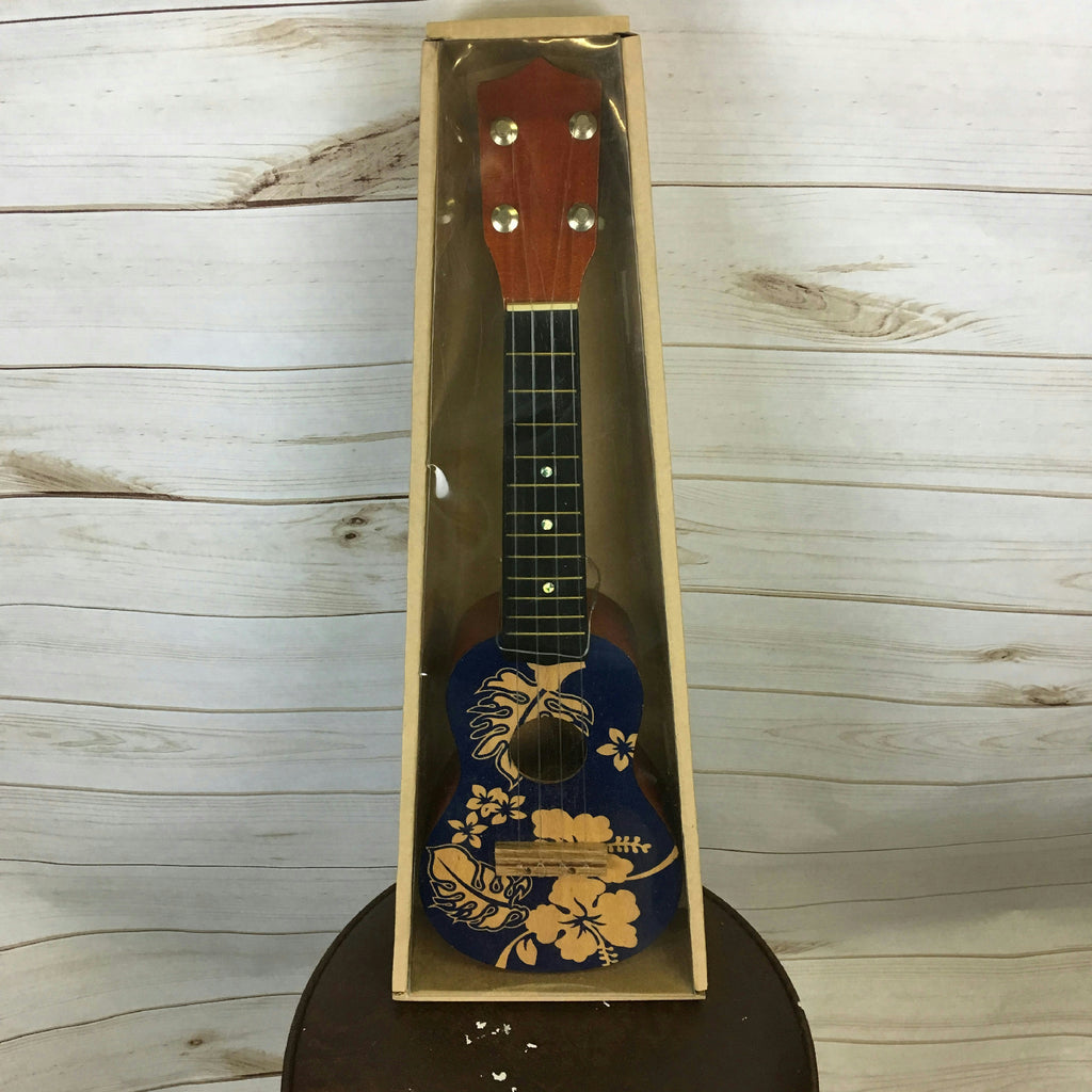 18" Wooden Ukulele Blue Floral Hawaiian Print Tropical Party Accessory