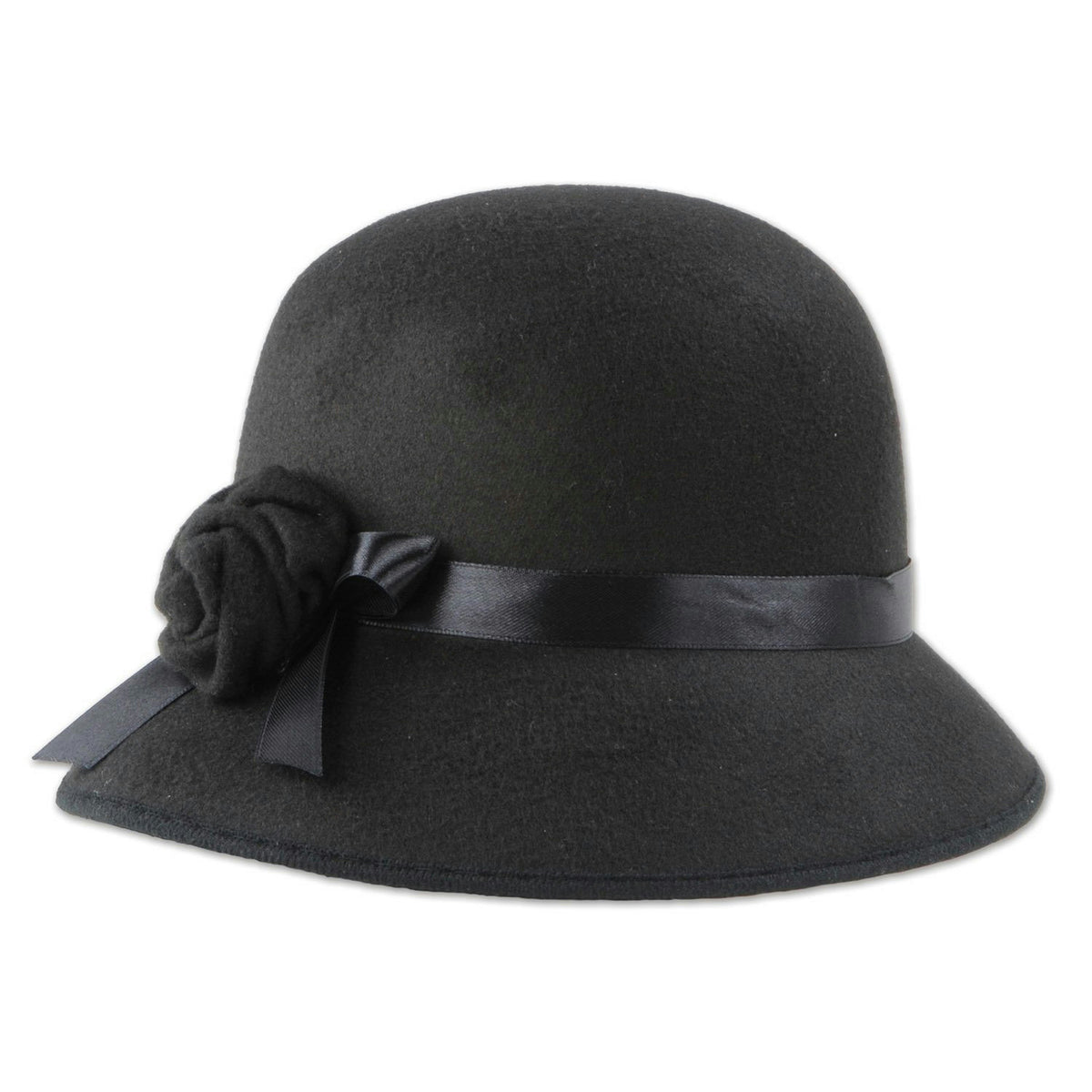 Roaring 20s Felt Cloche Hat Black Flower Rose Women's Fedora Flapper Headwear