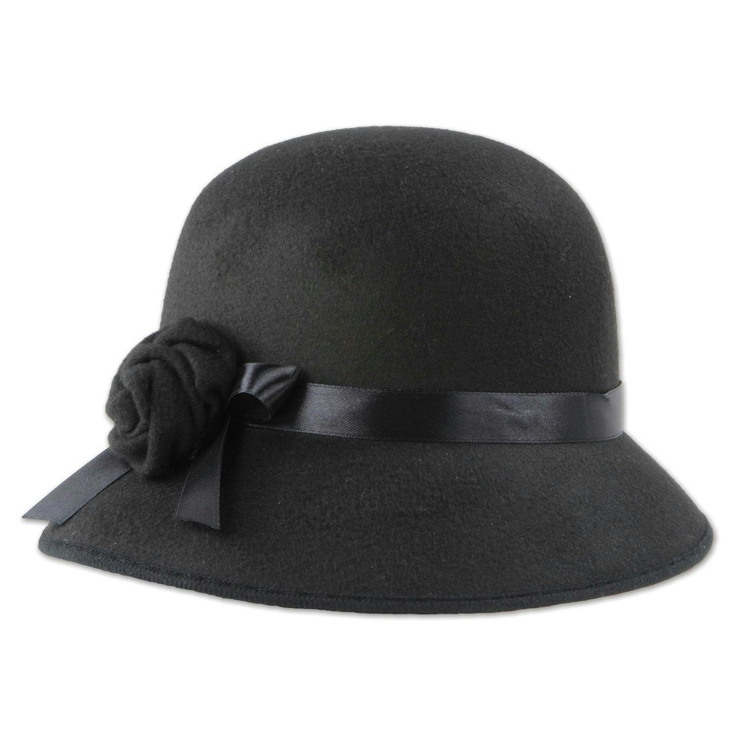 Roaring 20s Felt Cloche Hat Black Flower Rose Women's Fedora Flapper Headwear