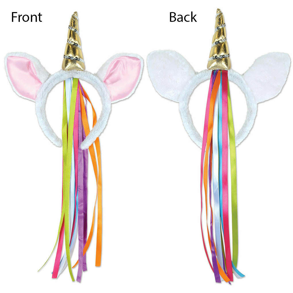 Plush Unicorn Headband with Rainbow Ribbon Costume Accessory