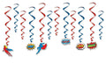 Superhero Party Dangling Whirls Hanging Decorations Red Blue Kaboom Bam Pow