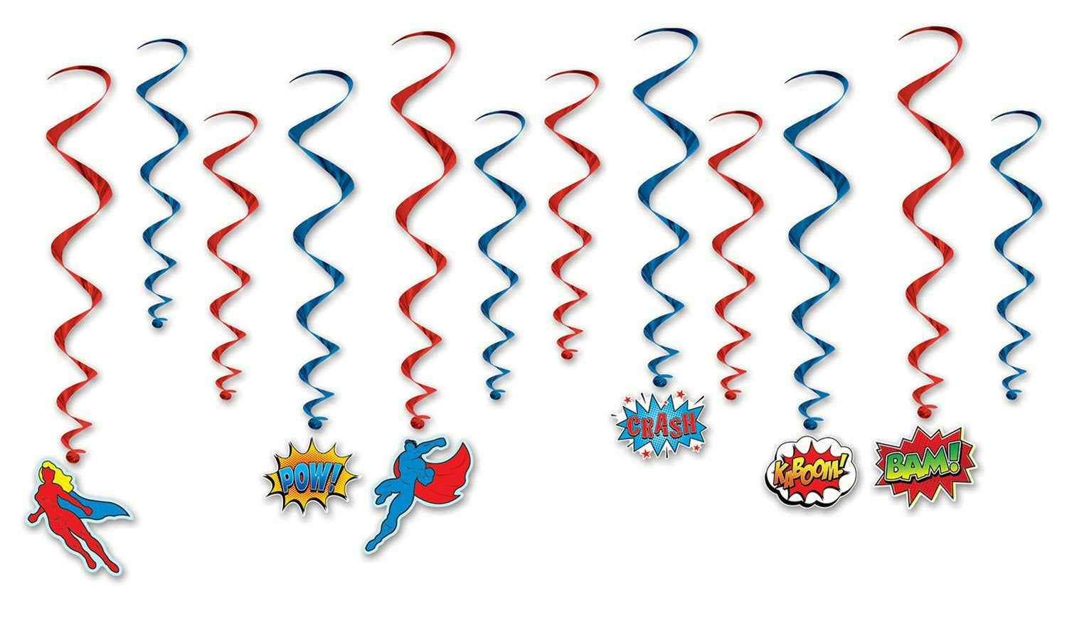 Superhero Party Dangling Whirls Hanging Decorations Red Blue Kaboom Bam Pow