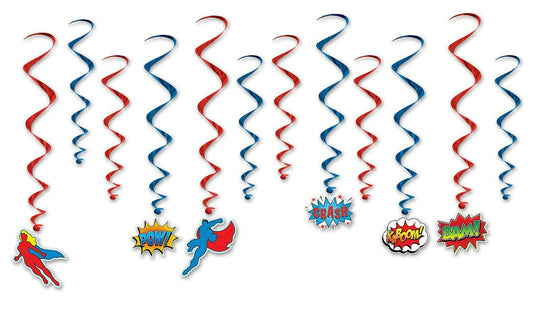 Superhero Party Dangling Whirls Hanging Decorations Red Blue Kaboom Bam Pow