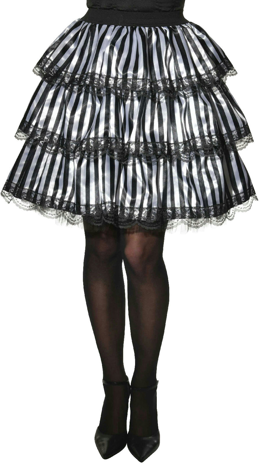 Womens Black and White Striped Tiered Ruffle Lace Detail Costume Skirt Accessory