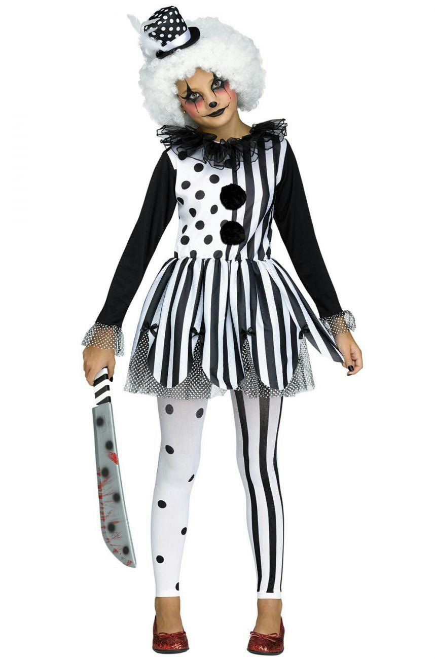 Black White Girls Killer Clown Costume Child XL 14-16