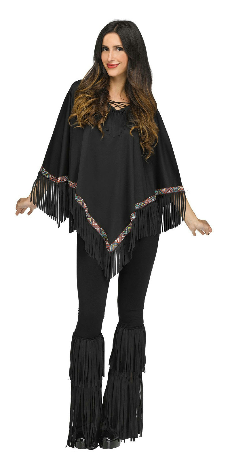 Black Suede-Look Fringe and Bead Detaling Poncho Adult Costume