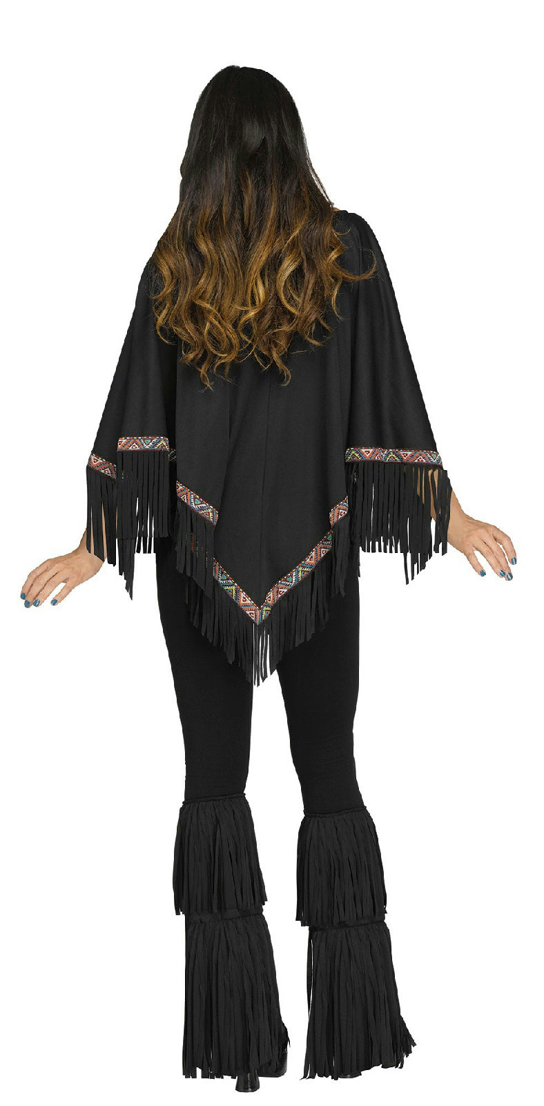 Black Suede-Look Fringe and Bead Detaling Poncho Adult Costume
