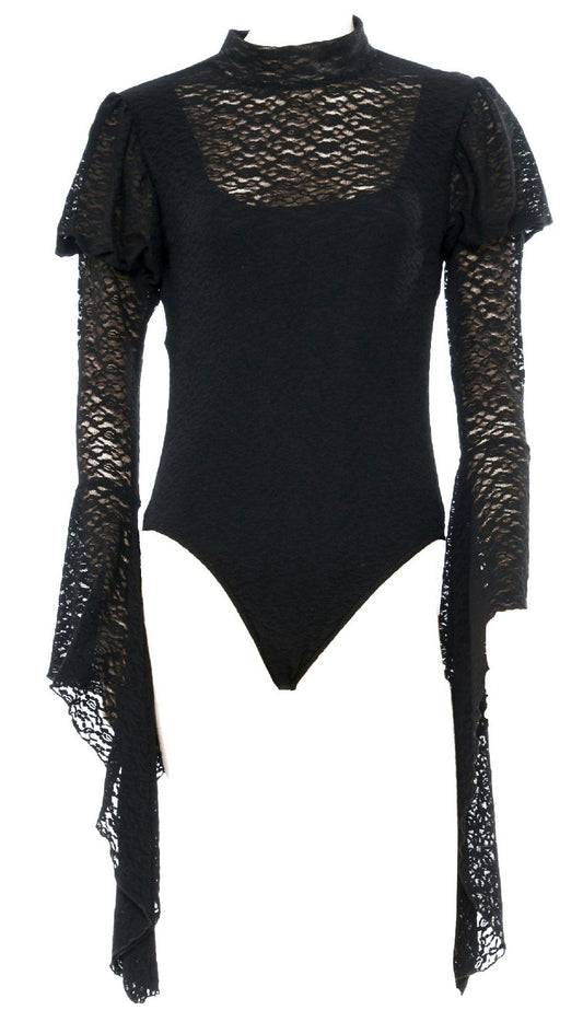 Lace Long Bell Puff Sleeves Blackout Bodysuit Gothic Costume Accessory