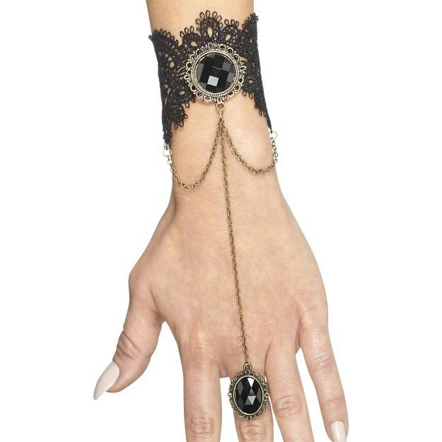 Gothic Bracelet with Attached Ring Black and Gold Costume Jewelry