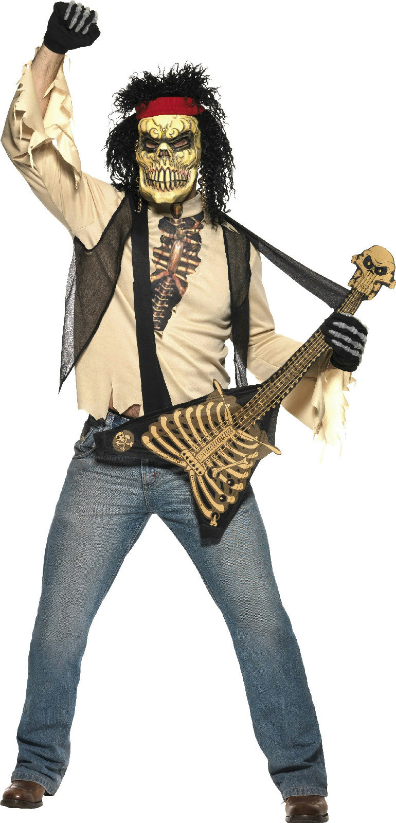 Zombie Rocker Skeleton Adult Dad Costume Bone Guitar and Mask Large