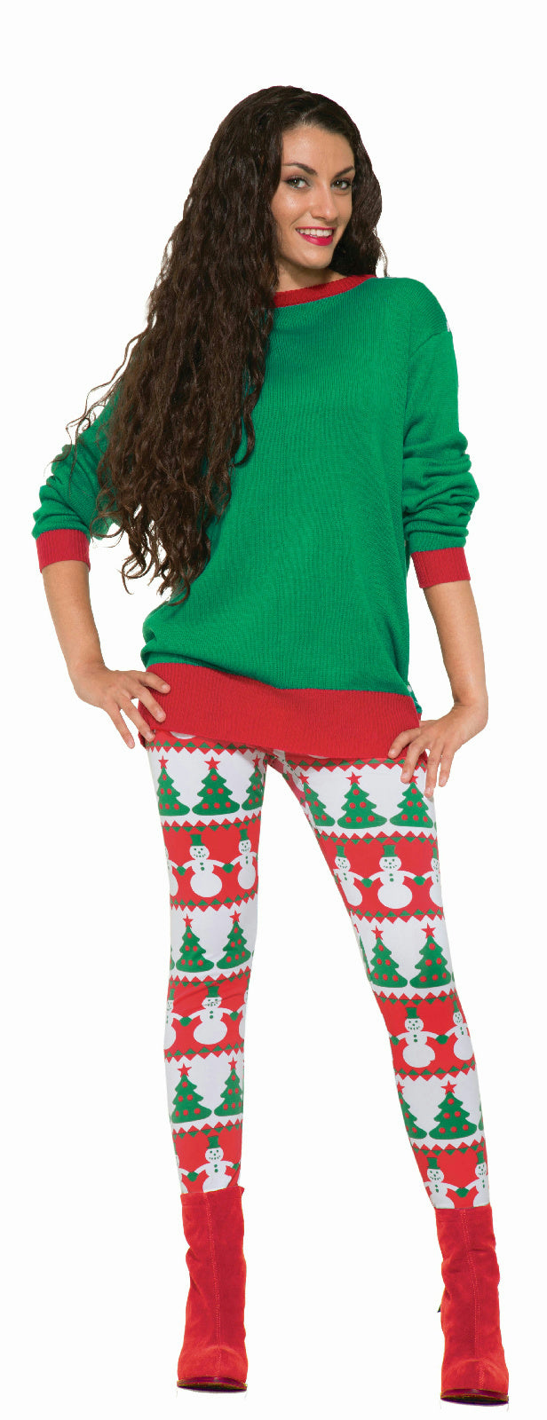 Red and Green Snowman and Christmas Tree Adult Leggings