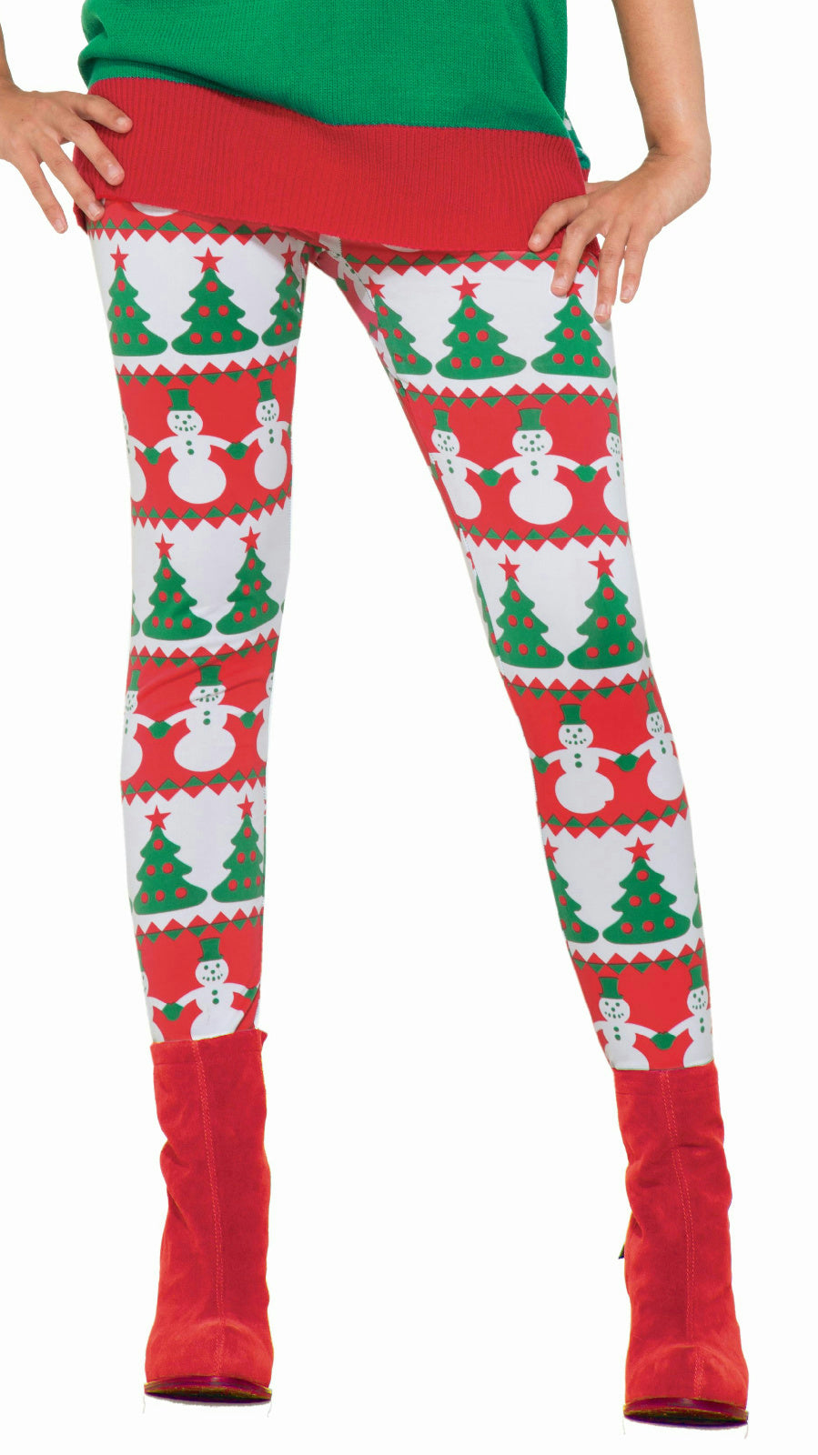 Red and Green Snowman and Christmas Tree Adult Leggings