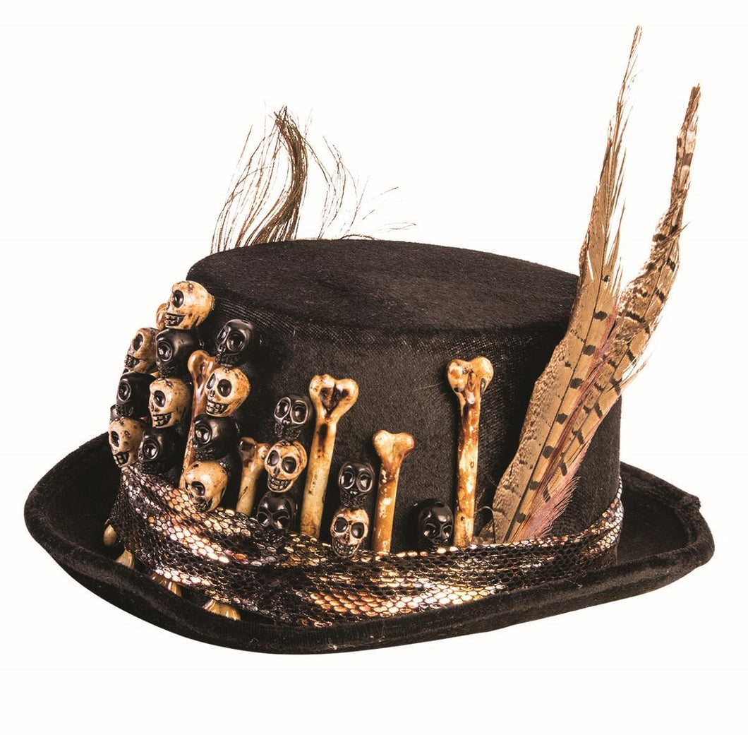 Voodoo Black Hat Top Hat with Skull, Bone and Feather Detail