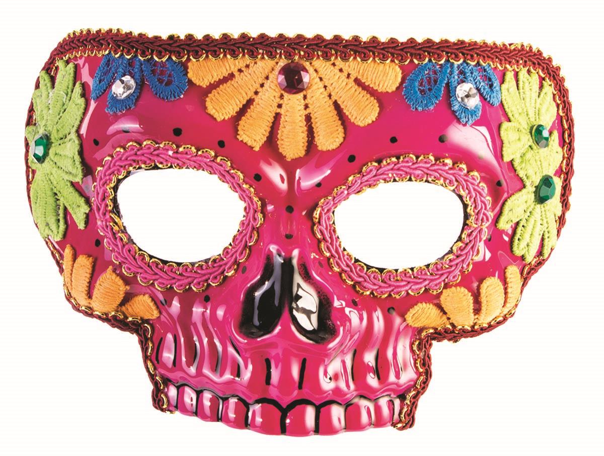 Day Of The Dead Pink Half Skull with Flowers Adult Venetian Mask